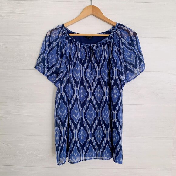 Talbots - Blue IKAT print layered chiffon cap sleeve top M - Picture 1 of 5